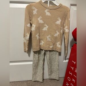 Bunny sweater & striped pants outfit